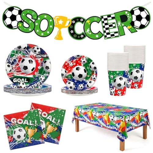 Qidejoy Soccer Party Decorations, Party Supplies Set, Sports Themed Birthday Party Favors, Soccer Tableware Kit, Disposable Paper Plates, Cups, Banner, Tablecloth and Napkins Sets, Serve 24 - Image 1