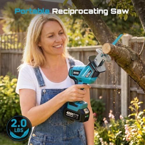 SEESII Reciprocating Saw Cordless, Variable Speed 3500 RPM Brushless Motor with 6 Saw Blades, 2 x 4.0Ah Batteries, LED Light, Tool‑Free Blade Change, Portable for Wood PVC Cutting - Thumbnail 3