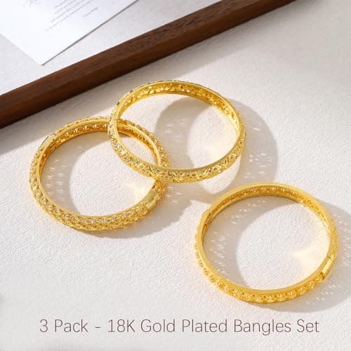 ULira Flor 18K Gold Plated Bangle Bracelets Set for Women, 3 Pcs Hollow Out Carving Dubai Temple Indian African Kashmiri Designs Bangles, Waterproof Non Tarnish Fashion Jewelry Gift for Mom Her Birthday Valentine Mother's Day Christmas - Thumbnail 2