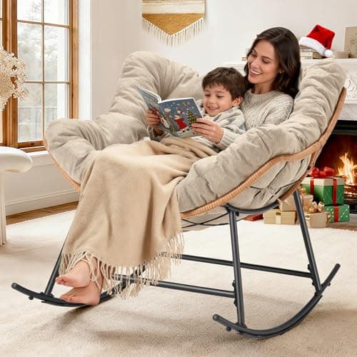 TEROL Outdoor Comfy Rocking Chair with Thick Cushion, Rattan Rocker Egg Chair Indoor with Straps, Patio Rocking Chair 450lbs for Garden, Backyard, Balcony, Lawn, Bedroom, Living Room (Beige) - Thumbnail 3