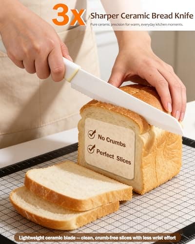 XUNWKONGG Bread Knife for Homemade Bread, Ceramic Serrated Sourdough Bread Slicer Set with Measuring Baking Mat & Cover, 12” Precision Cutting Knife for Artisan Loaves & Baking - Thumbnail 2
