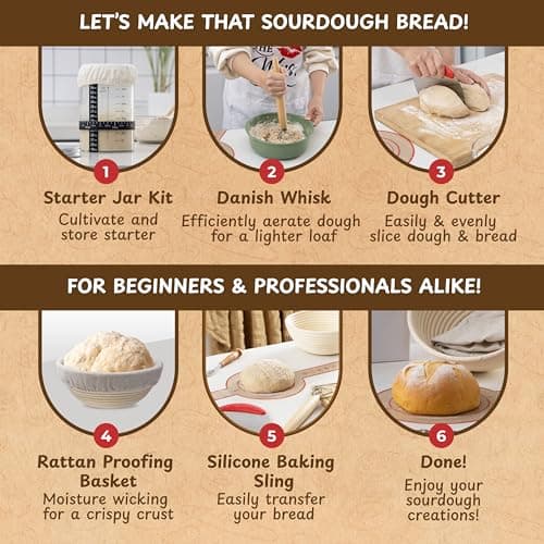 Complete Sourdough Bread Starter Kit, Glass Sourdough Starter Jar Kit & Tons of Sourdough Baking Supplies - Sourdough Starter Kit Includes Sourdough Jar, Banneton Bread Proofing Basket & More - Thumbnail 3
