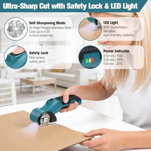 Qidejoy Cordless Cardboard Cutter Electric Scissors, Heavy Duty High-speed Rotary Box Cutter Tools for Fabric, Carpet, Paper, with 2 Blades & Gloves, 4.2V Rechargeable Battery, LED Light, Blue - Thumbnail 2