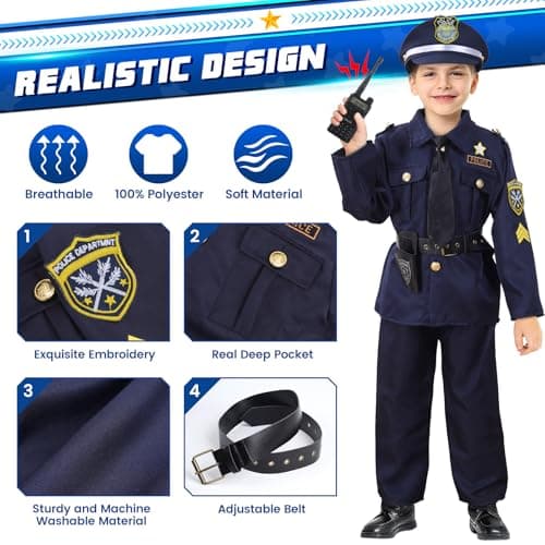 Skirfy 16PCS Police Officer Costume for Boys,Police Costume for Kids,16PCS Cop Toys with Uniform,Boy Toys,Kids Halloween Costumes Role Play Kit(Size M) - Thumbnail 2