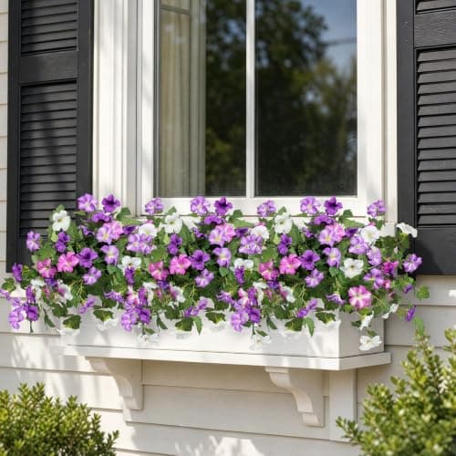 Flortevera Artificial Fake Flowers Plants for Outdoor UV Resistant, 2PCS Silk Faux Petunias No Fade Summer for Outside Planter Front Door Porch Yard Patio Balcony Realistic Decoration Purple White - Thumbnail 6