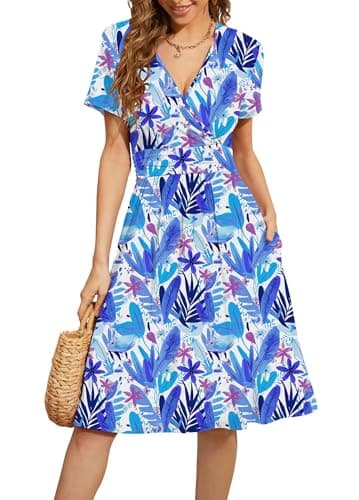 WEACZZY Dresses for Women 2026 Party Wrap V Neck Casual Summer Sundress Travel Dress Vacation Floral Outfits,Blue Rainforest,Small