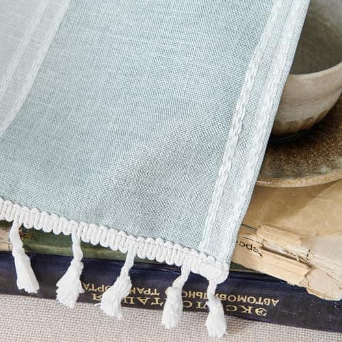 Home Queen Farmhouse Kitchen Curtains 45 Inch Length for Small Bedroom Light Filtering Tassel Linen Cafe Tiers Boho Casual Semi Sheer Short Half Window Drapes for Bathroom 26W x 45L, Blue Gray - Thumbnail 5