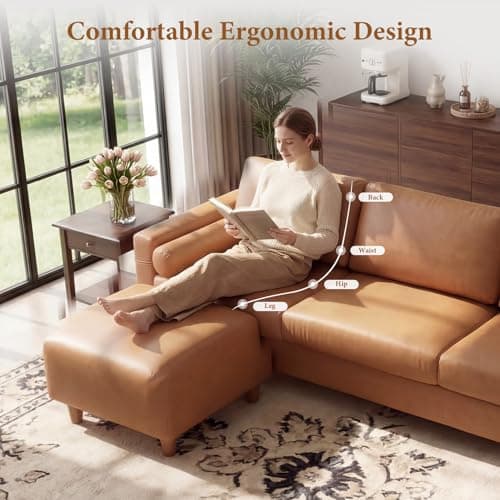 Vesgantti 100" L Shaped Faux Leather Couch with Movable Ottoman, 3 Seater PU Leather Sectional Sofa with Side Pocket, Mid Century Modern Modular Couch for Living Room, Bedroom, Cognac Tan - Thumbnail 3