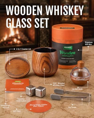 Gaialoop Charred Wooden Bourbon Drinking Glass Gift Set for Men, Handcrafted Wood Whiskey Cup with Whiskey Stones & Ice Ball, Artisan Smoke Whiskey Tumbler, Unique Bourbon Gifts for Men, Dad, Husband - Thumbnail 4