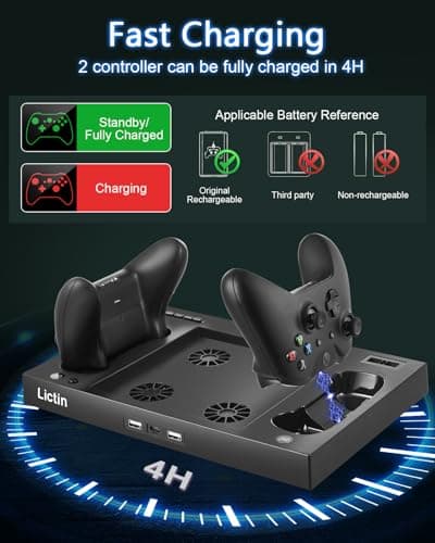 Lictin Cooling Fan Charging Station for Xbox Series X Console & Controller, Upgraded 4 Cooler Fan System Stand, Vertical Dual Charger Station Dock Accessories with 2 x 1400mAh Rechargeable Battery - Thumbnail 4