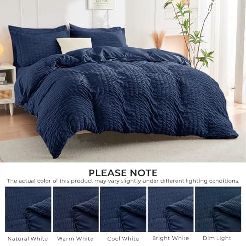 HYMOKEGE Navy Blue Queen Comforter Set Seersucker 7 Pieces, All Season Luxury Bed in a Bag for Bedroom, Bedding Set with Comforters, Sheets, Pillowcases & Shams - Thumbnail 4