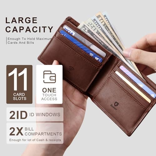 GSOIAX Top Genuine Grain Leather Premium Crazy Horse Wallet for Men-Handcrafted Vintage RFID Blocking Bifold 11 Card Slots 2 ID Windows & 2 Cash Pockets wallet Gift for Him(Red-brown) - Thumbnail 2