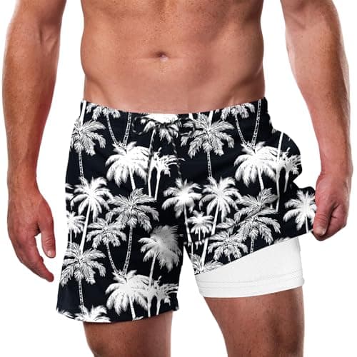 Cozople Mens Bathing Suit with Compression Liner 5.5" Quick Dry Swim Trunks Anti Chafing Swimming Short Classic Style Tropical Print Beach Board Shorts 2XL Beach Vacation Birthday Party Park Picnics - Image 1