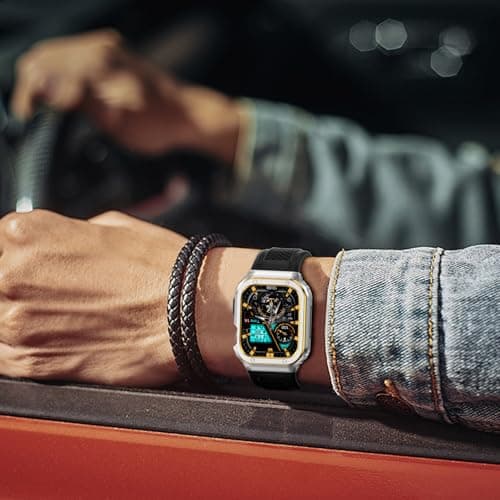 Deczone Band with Stainless Steel Case Compatible with Apple Watch Series 11 10 42mm Band, iwatch Bands Rugged Metal Protective Cover for Men (Silver Gold) - Thumbnail 6