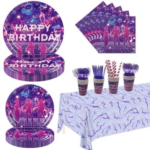 161 PCS Kpop Inspired Birthday Party Supplies Set, Purple Pink Disposable Plates Napkins Cups Cutlery Straws Tablecloth for 20 Guests, Girl Group Music Theme - Image 1