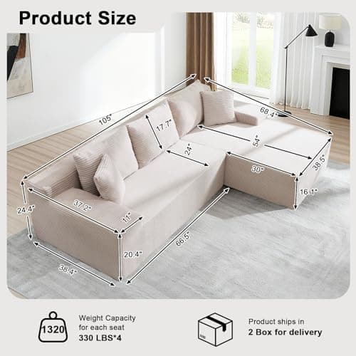 105" Cloud Modular Sectional Couch with L-Shape Chaise, Upholstered Corduroy Couches for Living Room, No Assembly Required Deep Seat Boneless Sofa (Beige, Right Facing Chaise) - Thumbnail 2