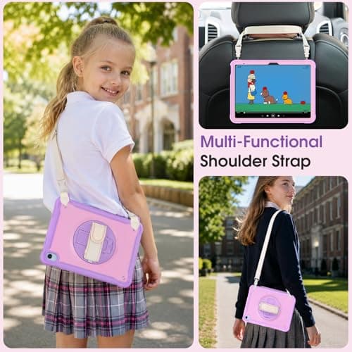 ProCase Kids Case for iPad A16 11th Gen 11" 2025/iPad 10th Gen 10.9" 2022 with Screen Protector, Fully-Body Shockproof Rugged Protective Cover with Rotatale Stand Hand/Shoulder Strap -Purplepink - Thumbnail 4