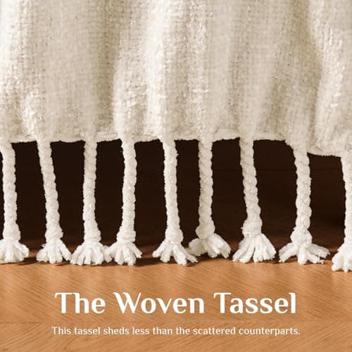 BEDELITE Chenille Throw Blanket for Couch and Sofa, Soft Cozy Knit Blanket, Warm Lightweight, Breathable All Season, Farmhouse Boho Fringe Throw, 50"x60", Cream - Thumbnail 5