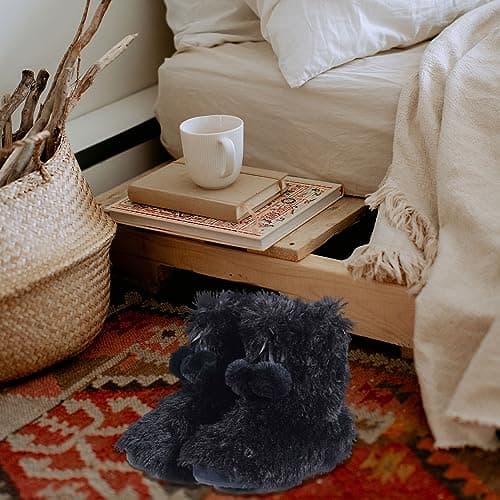 Forfoot Womens Slippers, Warm Plush Black Home Slippers Boots Anti Skid Durable Sole Slip on Indoor and Outdoor House Shoes Size 9-10 - Thumbnail 3