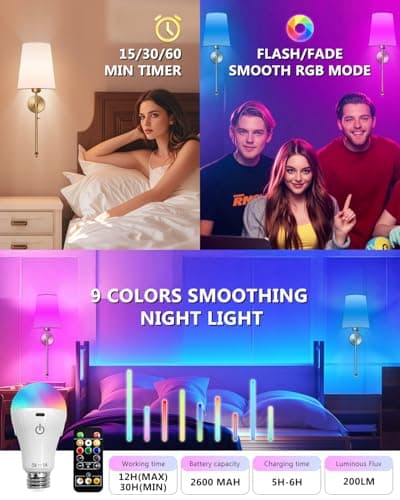 FCPVHOY Battery Operated Wall Sconce Set of 2, Dimmable Wireless Wall Lights with Remote Control, 3 Color Temperatures &15 RGB Colors, Rechargeable Cordless Wall Lamp for Bedroom, Living Room, Hallway - Thumbnail 3