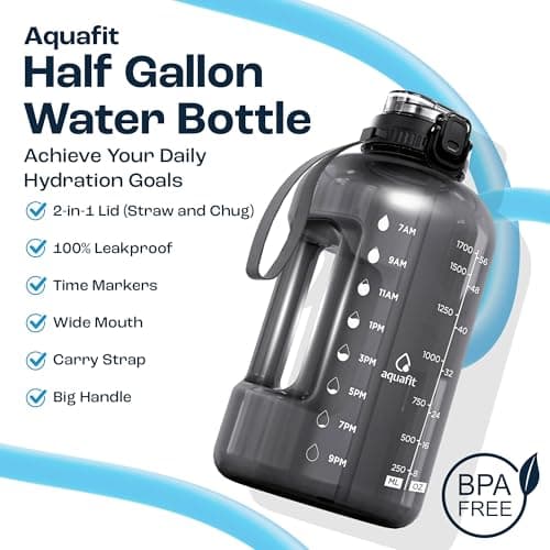 AQUAFIT Half Gallon Water Bottle with Time Marker - Straw & Chug Lid - BPA Free Gym Water Bottle with Straw - Big Gallon Jug (Frosty, 64 oz - 2in1 Lid) - Thumbnail 2