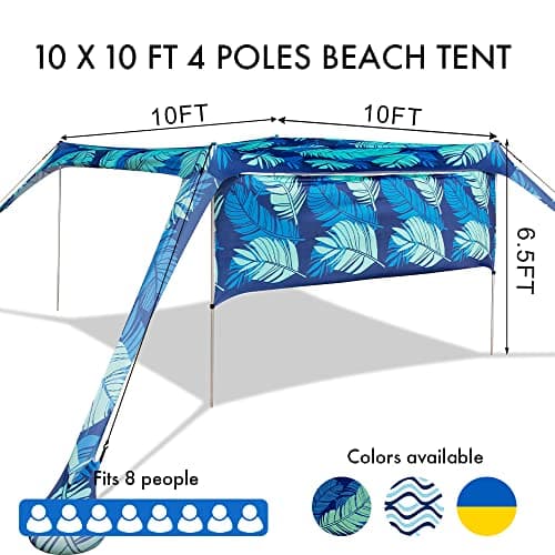 Beach Canopy Tent Shade with Sidewalls 10x10FT, 6.6FT Tall, UPF50+ Sun Shelter, Windproof & Water Resistant, Includes Guylines Sand Shovel Stability Poles, Easy Up for Beach Outdoor Camping Backyard - Thumbnail 4