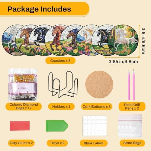 Lophomie 8 Pcs Diamond Art Coasters Kits for Adults with Holder Cork Pads, Diamond Painting Coasters, Diamond Dots Coaster Art Crafts Kit DIY Non-Slip for Home Office Decor 4x4in(Horse Theme) - Thumbnail 4