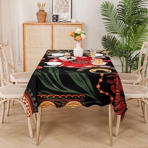 Tyrot Scalloped Black Red Boho Floral Rectangle Table Cloth Vintage Farmhouse Waterproof Stain Resistant Wrinkle-Free Tablecloth Indoor Outdoor Table Covers for Kitchen Dining/Party, 60x120 - Thumbnail 4