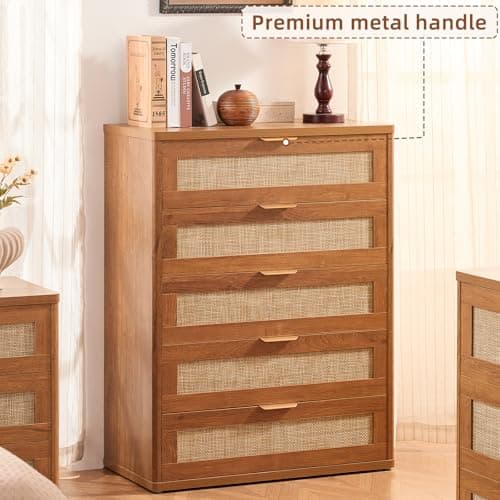 LEYAOYAO Rattan Dresser for Bedroom, 41" Tall Dressers Chest of Drawers, Boho Small Dressers with 5 Drawers, Tea Brown Dresser Wooden Closet Organizer for Living Room, Hallway - Thumbnail 3