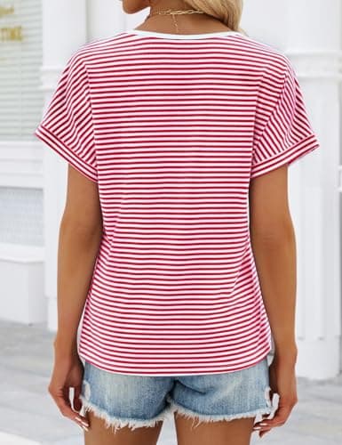 Womens Summer Tops Striped Henley Shirts Dolman Short Sleeve Tops Dressy Casual V Neck Trendy T-Shirt Loose Fit Comfy Button Blouses (Red, XX-Large) - Thumbnail 5