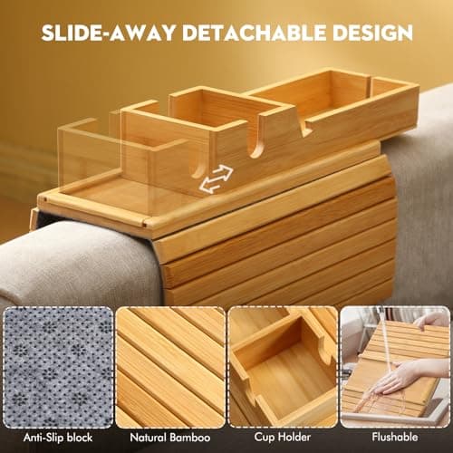 Bamboo Couch Arm Tray with Detachable Cup Holder, 2 in 1 Foldable Anti-Falling Design for Cups, Snacks, Remote, Cellphone - Thumbnail 2