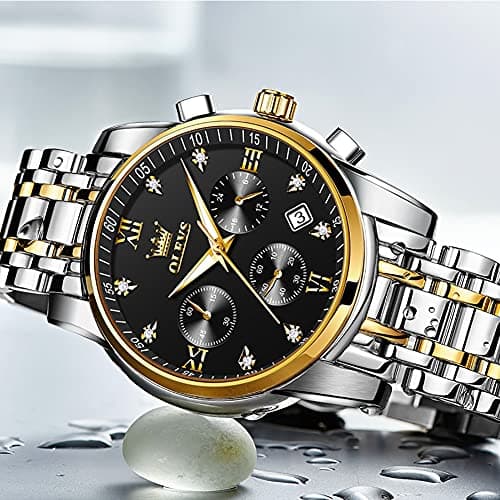 OLEVS Watch Men Black Face Gold and Silver Watches for Men Waterproof Stainless Steel Large Face Mens Watches Business Chronograph Analog Quartz Men's Wrist Watch Dress Two Tone Reloj para Hombre - Thumbnail 4