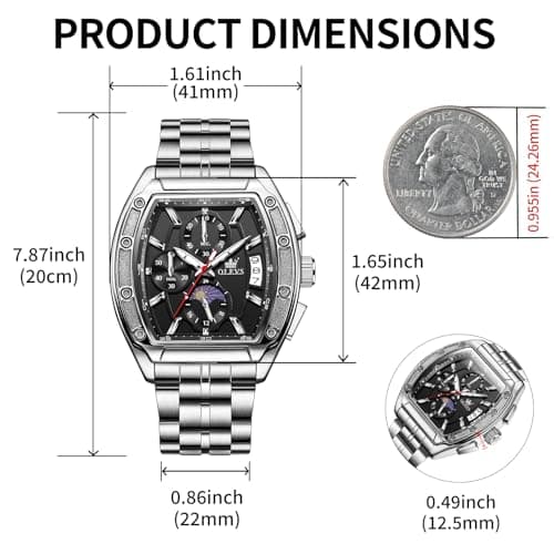 OLEVS Men's Silver Stainless Steel Large Rectangle Black Face - Thumbnail 4