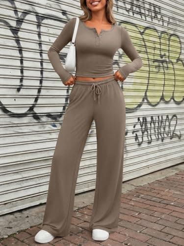 Trendy Queen Women's 2 Two Piece Matching Lounge Sets 2026 Airport Travel Fall Fashion Outfits Crop Top Wide Leg Pants Sweat Suits Workout Gym Y2k Clothes Casual Sweatsuit Loungewear Winter Clothing - Thumbnail 6