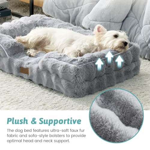 COZY KISS Orthopedic Dog Bed for Medium Small Size Dog, Soft and Warm Faux Fur Sofa for Pet Up to 40 lbs, Foam Bolster Anti-Slip Couch with Washable Removable Cover, M 30x20x6.5 inch, Grey - Thumbnail 3