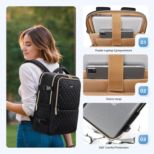 MDODO Travel Backpack for Women Men - Large Carry On Luggage Laptop Backpack Lightweight Daypack Waterproof Causal Bookbag Computer Backpack for College,Travel,Work,Fits 15.6Inch, 36L, Black - Thumbnail 3