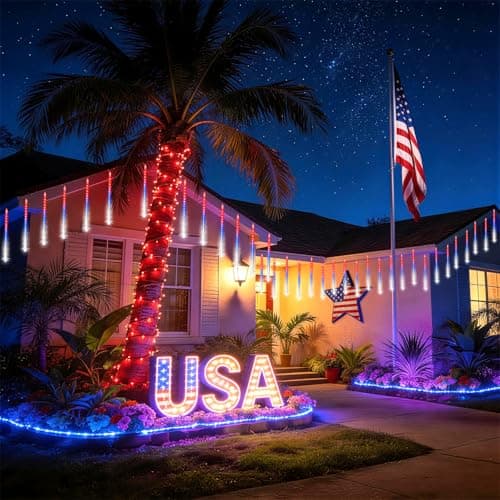 KNONEW Red White and Blue Solar Lights, 20 Tube 720 LED Solar Meteor Shower Lights Outdoor Waterproof Falling Raindrop Lights for Independence Day Tree Garden Yard Patio Gazebo 4th of July Decorations - Thumbnail 5