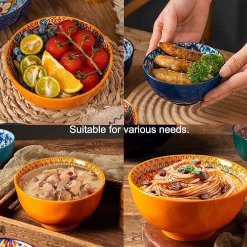 JINNTHE Bohemian Bliss 4.5-Inch Ceramic Bowls, Set of 4 - Colorful Dip Bowls, Salad Bowls, Snack Rice Bowls with Handcrafted Artisan Prints, Dishwasher & Oven Safe - Thumbnail 6