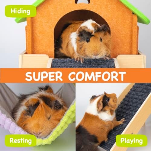 BESNEW 3 in 1 Enlarged Guinea Pig Hammock with House & Platform,Wooden Guinea Pig Hideout with Hammock & Stairs Small Animal Toys for Hiding Sleeping Activities - Thumbnail 3