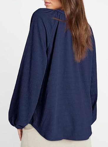 Dokotoo Blouses for Women Dressy Casual Long Lantern Sleeve Navy Blue Shirts V Neck Textured Blouses Spring Clothes 2026 Plus Size Tops Business Casual Outfits Medium - Thumbnail 2