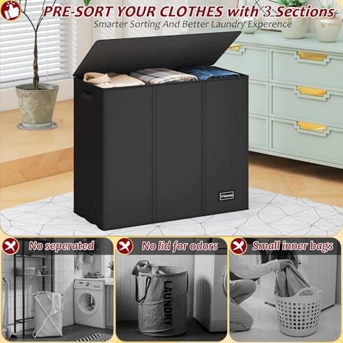 195L Laundry Hamper 3 Section,Large Laundry Hamper with Lid,Dirty Clothes Hamper with 3 Inner Bags,Collapsible Laundry Basket Organizer for Laundry Room,Bedroom,Laundry Sorter Hamper 3 Compartment - Thumbnail 3