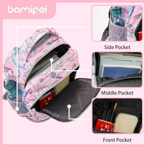 BAMIFEI 18 Inch Unicorn Rolling Backpack for Kids, Unicorn Roller Backpacks Kids Backpack Carry On Wheeled School Backpack, Spacious Multiple Compartments Quiet Wheels Travel Backpack for Girls - Thumbnail 5