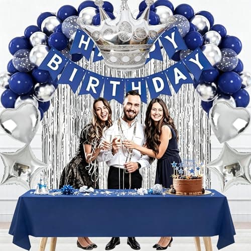 Navy Blue Birthday Party Decorations Set – 92Pcs Set with Banner, Star Garland, Crown, Heart & Star Foil Balloons, Fringe Curtain, Cake Topper, Tablecloth, Latex & Confetti Balloons for Men & Women - Thumbnail 6