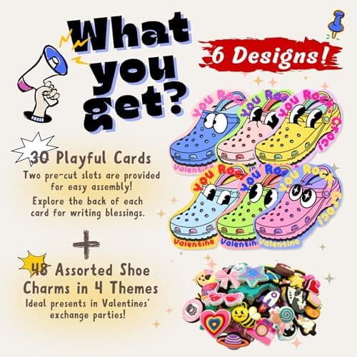 Poatel Valentines Day Cards for Kids School, 30 Kids Valentine Cards with 48 Cute Shoe Charms, Valentines Exchange Cards for School Classroom - Thumbnail 2