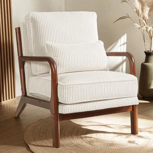 FLEXISPOT AC1 Accent Chair, Mid-Century Modern Armchair with Wood Frame, Comfy Corduroy Upholstered Reading Chair with Lumbar Pillow, 8" Thick Cushion for Living Room Bedroom Sunroom(Cream)