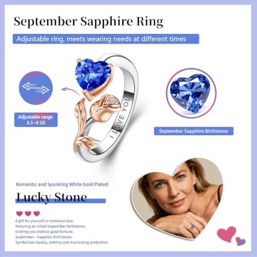 1CT Rose Heart Adjustable Ring 6.5~8 Sapphire Ring Sapphire VVS1 D Clarity 18K White/Rose Gold Gift for Wife Mother Daughter Birthday Wedding Engagement Christmas Anniversary Mothers Day Gift for Mom Bride - Thumbnail 2