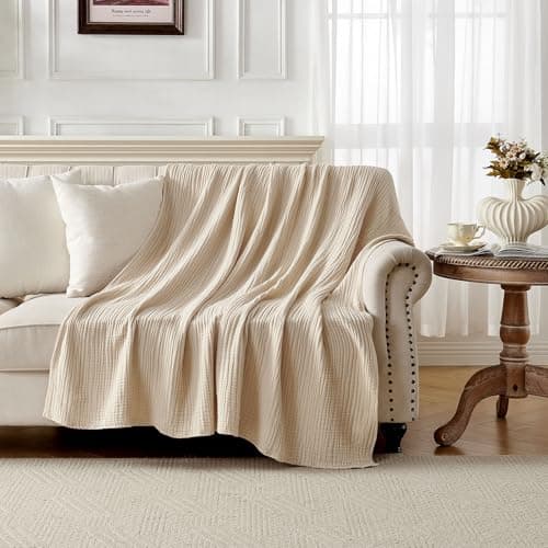 Joydeco 100% Cotton Muslin Throw Blanket for Couch Bed and Sofa, 4-Layer Lightweight and Breathable Soft Gauze Blanket for All Season, Luxury Throws Cotton Blanket Gift(Light Tan, 50"x70") - Thumbnail 6
