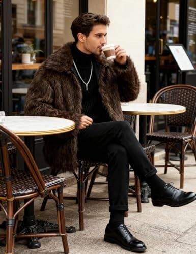 Eisctnd Men's Faux Fur Coat, Warm Fluffy Fuzzy Fleece Jacket with Lapel Collar for Winter Fashion Trench Outerwear(Coffee-S) - Thumbnail 4