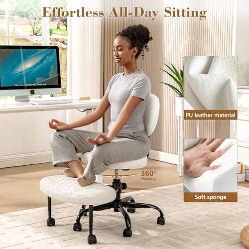AtHope Ergonomic Cross Legged Office Chair with Wheels - Adjustable Height for Meditation, ADHD Desk & Yoga - Wide Criss Cross Design with Lumbar Support, Kneeling Chair - White - Thumbnail 6