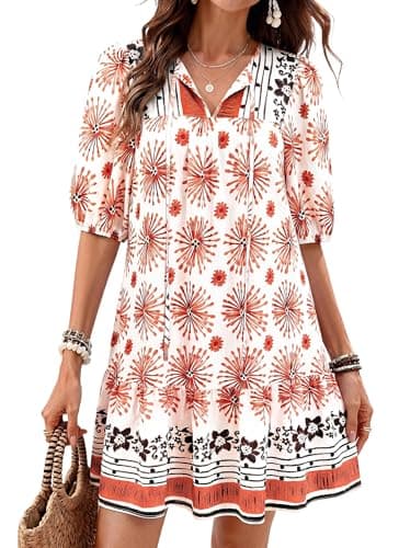 Okiwam Womens Summer Dresses 2026 Drawstring V Neck Lantern Short Sleeve Boho Floral Casual Babydoll Beach Vacation Sundress-XL Orange Flower - Image 1